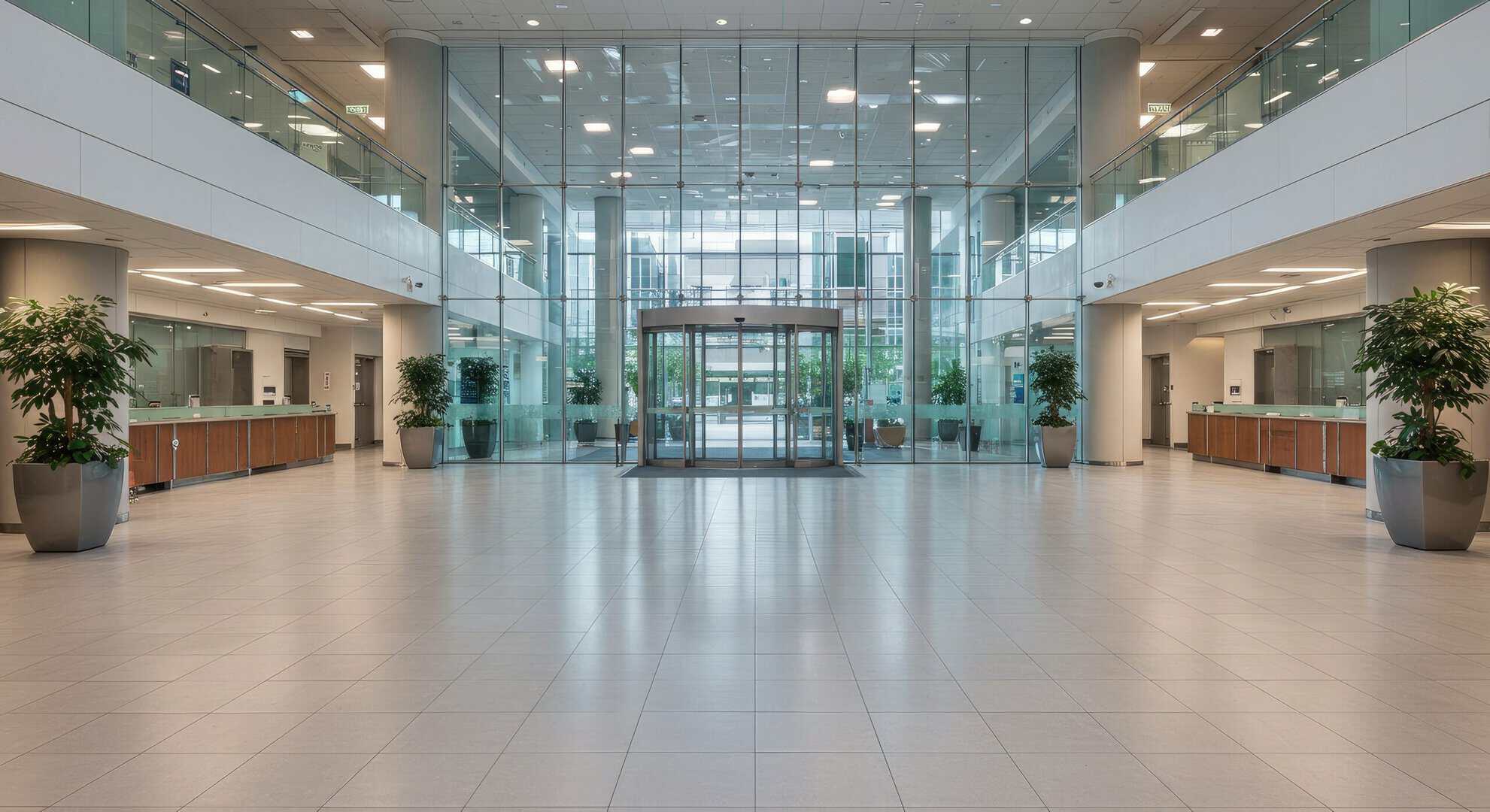 Spacious modern corporate office lobby interior, featuring sleek glass architecture and polished floors, representing professionalism and contemporary design
